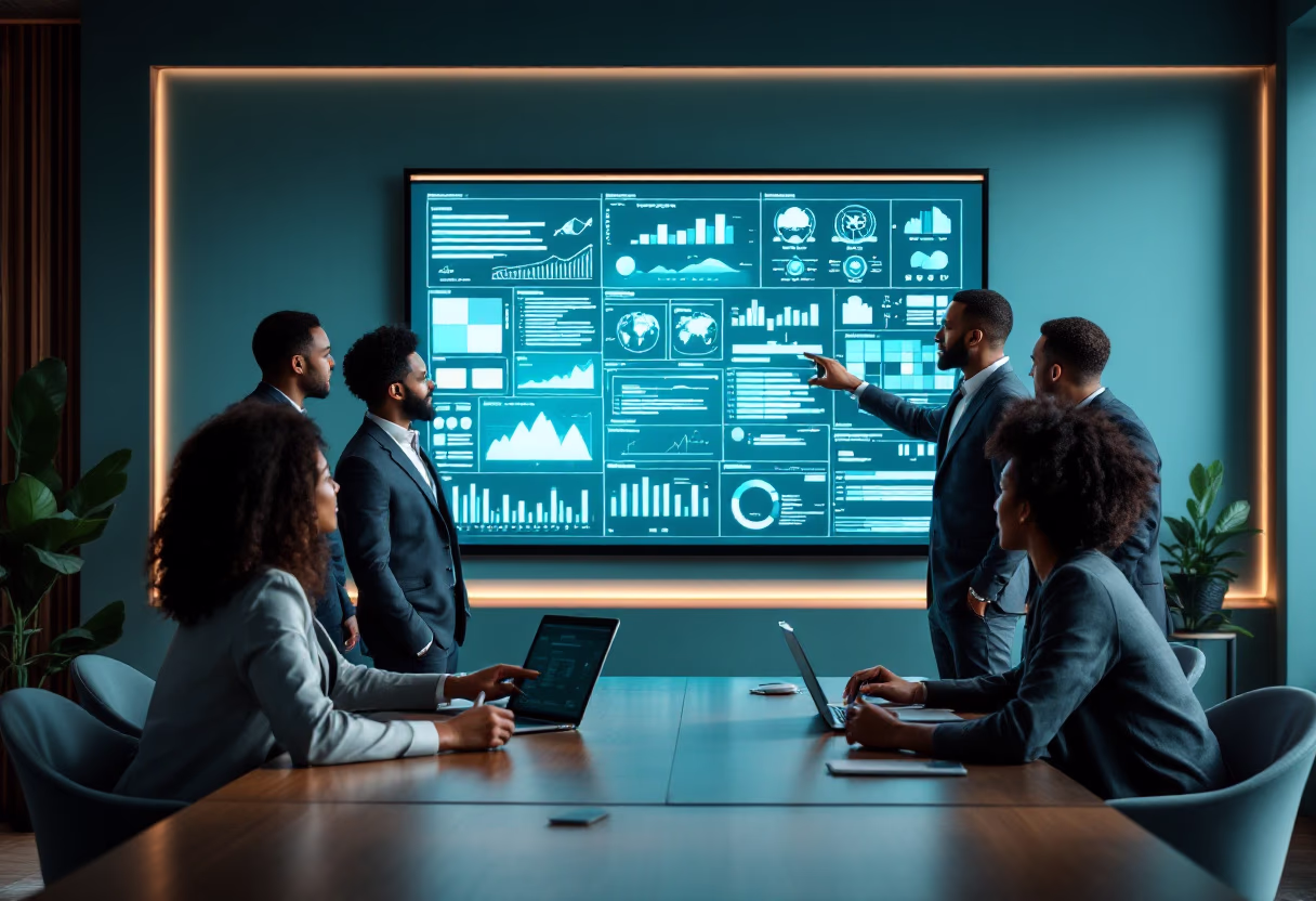 image of busy office with team collaborating (for a fintech company)